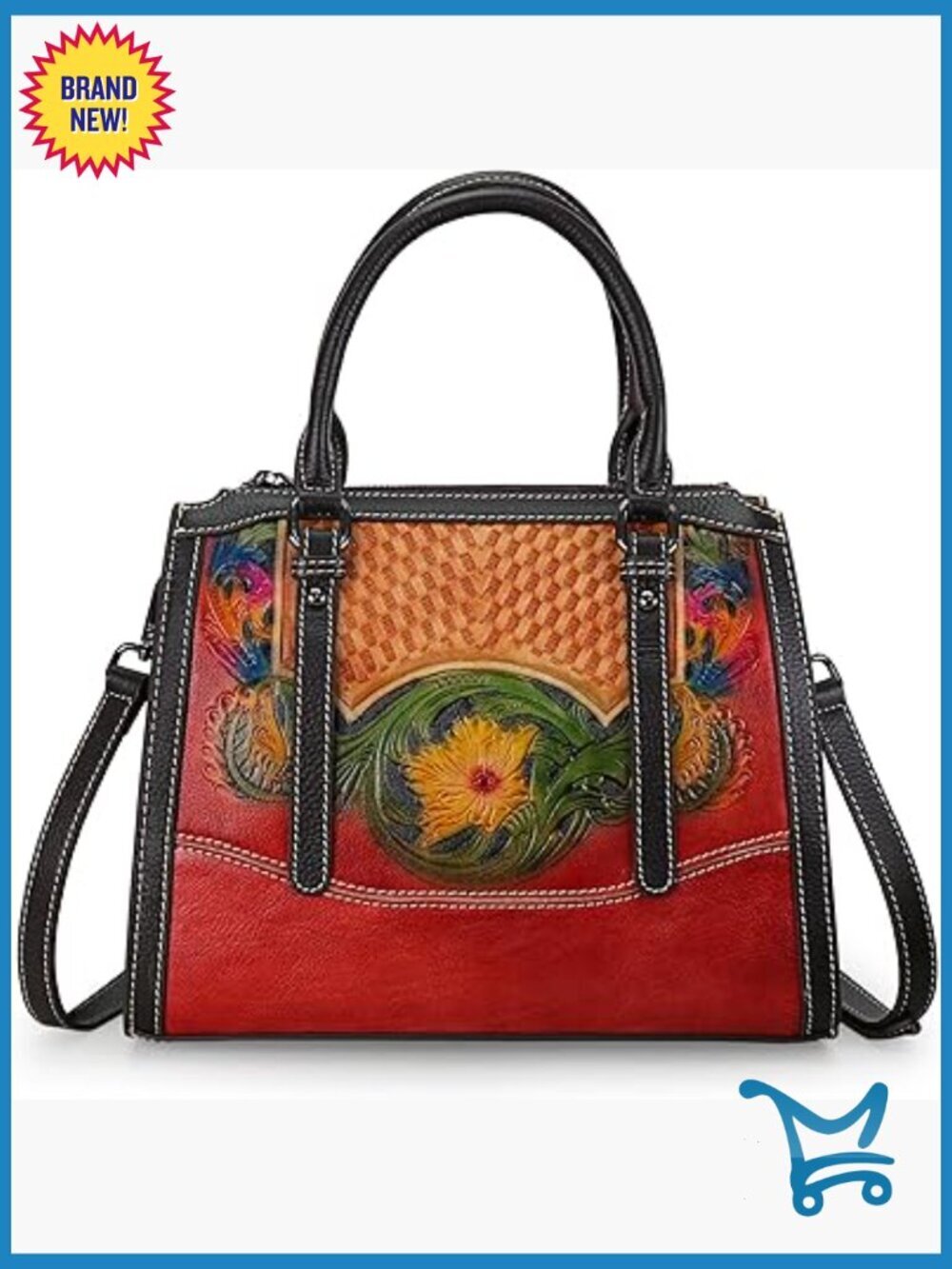 Leather Crossbody Shoulder Bag Satchel Medium Size Floral Embossed Tote
